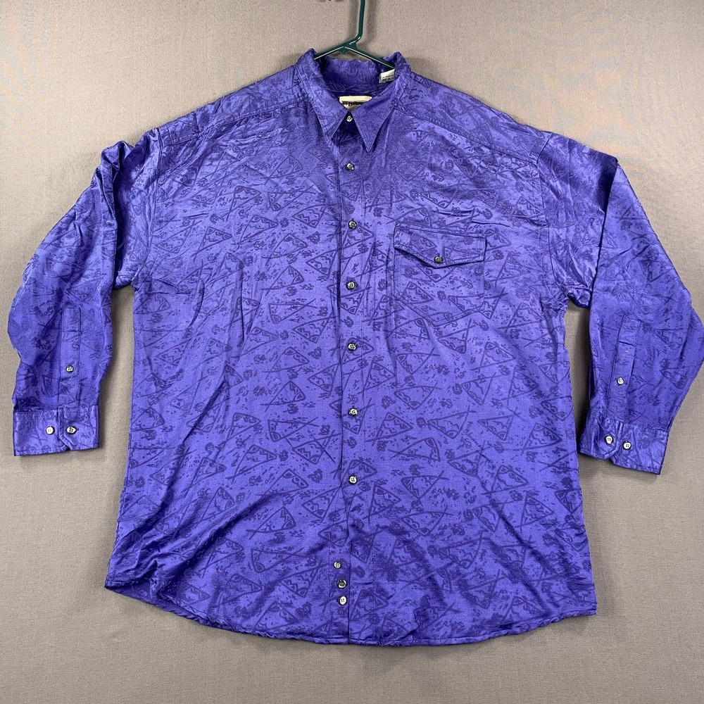 VTG JT Beckett Men XL 3D Knit‎ Geometric Silk Long Sleeve Button Up Blue